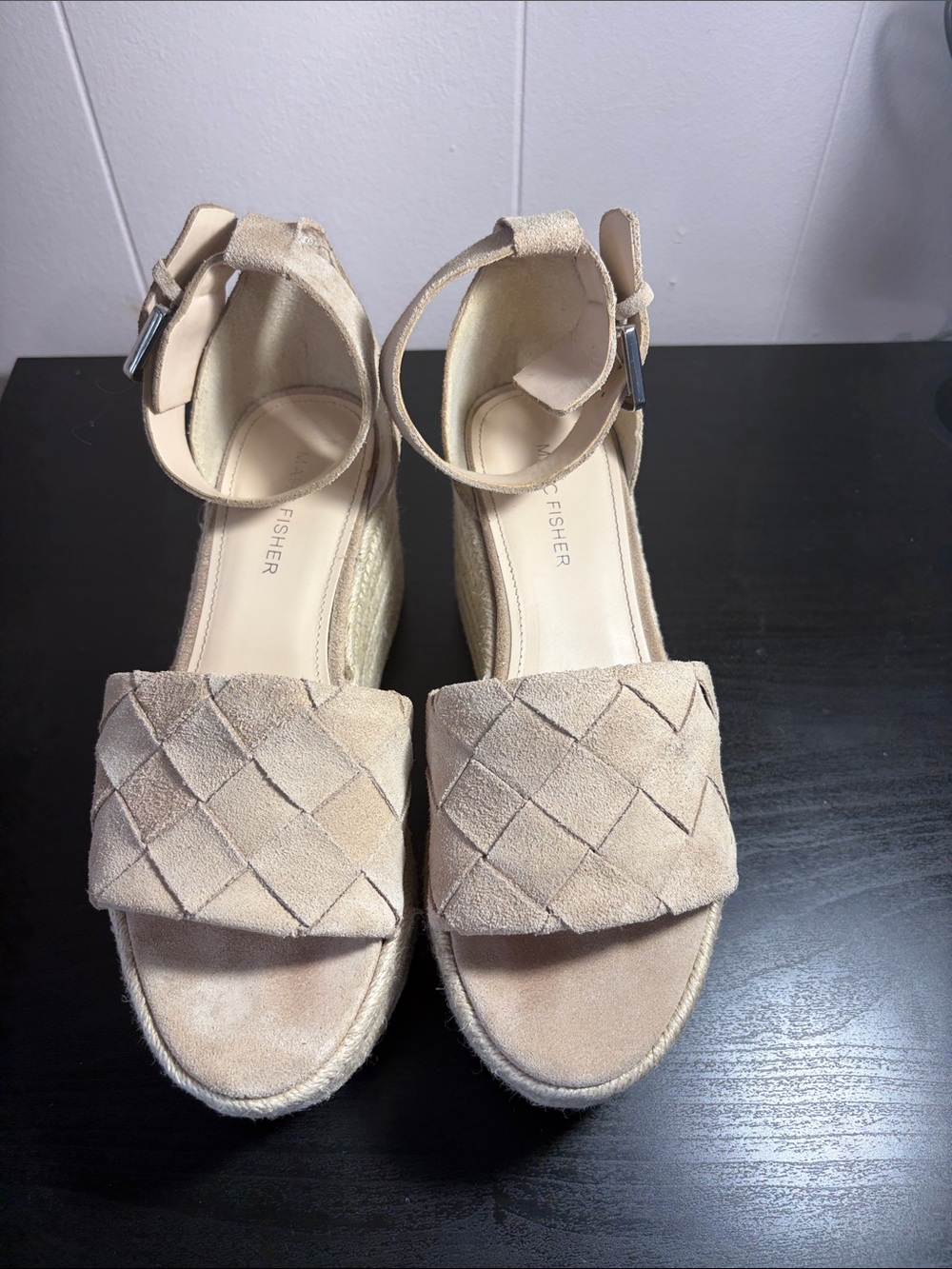 Marc Fisher Beige Woven Espadrille Wedge Sandals